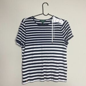 Ralph Lauren Shirt Womens Large Blue Striped Short Sleeve Laced Coastal Nautical